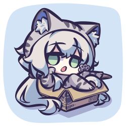 Rule 34 | 1girl, :o, animal costume, animal ear fluff, animal ears, arknights, bad id, bad pixiv id, blue background, border, box, cardboard box, cat costume, cat ears, cat girl, cat tail, chibi, green eyes, grey hair, in box, in container, long hair, looking at viewer, penguin logistics logo, rosmontis (arknights), shadow, simple background, solo, spk kei, tail, white border
