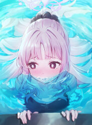 Rule 34 | 1girl, absurdres, air bubble, averting eyes, black eyes, blue archive, blush, bubble, blowing bubbles, colored eyelashes, dress, hair ornament, hair scrunchie, highres, looking to the side, mika (blue archive), mouth under water, nervous, partially submerged, ponytail, pool, retsu (retsu 3), school swimsuit, scrunchie, solo, swimming, swimsuit, water