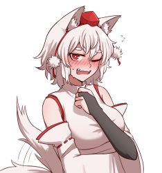 Rule 34 | 1girl, animal ears, bare shoulders, black gloves, blush, breasts, bridal gauntlets, commentary, detached sleeves, english commentary, fangs, gloves, hat, highres, inubashiri momiji, layered clothes, looking at viewer, mata (matasoup), nose blush, one eye closed, open mouth, pom pom (clothes), red eyes, ribbon-trimmed sleeves, ribbon trim, shirt, short eyebrows, simple background, solo, sweat, sweatdrop, tail, tail wagging, teeth, tokin hat, touhou, white background, white hair, white shirt, wolf ears, wolf tail
