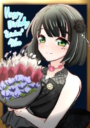 1girl black_background black_dress black_hair blunt_bangs blunt_ends border bouquet brown_border closed_mouth commentary_request daime_(hyahhaa10) dress flower green_eyes hair_flower hair_ornament highres holding holding_bouquet link!_like!_love_live! looking_at_viewer love_live! momose_ginko momose_ginko_(16th_birthday) official_alternate_costume outside_border short_hair sleeveless sleeveless_dress smile solo split_mouth virtual_youtuber