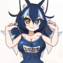 Rule 34 | 1girl, animal ears, black hair, blue eyes, blue one-piece swimsuit, commentary, commentary request, competition school swimsuit, covered navel, grey wolf (kemono friends), heterochromia, kemono friends, lipstick, looking at viewer, makeup, multicolored hair, name tag, old school swimsuit, one-piece swimsuit, school swimsuit, simple background, smile, solo, swimsuit, t jiroo (ringofriend), two-tone hair, white background, white hair, wolf ears, wolf girl, yellow eyes