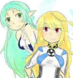 Rule 34 | 2girls, ahoge, aqua hair, bare shoulders, blonde hair, breasts, cleavage, cleavage cutout, clothing cutout, dress, gloves, gradient background, green eyes, long hair, milla maxwell, multiple girls, muzet (tales), pointy ears, red hair, smile, tales of (series), tales of xillia, tales of xillia 2