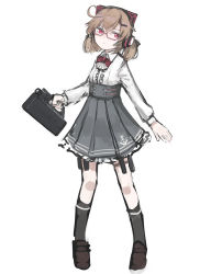 Rule 34 | 1girl, ahoge, black socks, bow, bowtie, breasts, brown footwear, brown hair, collared shirt, flashlight, fmg-9 (girls&#039; frontline), folding gun, full body, girls&#039; frontline, glasses, grey skirt, gun, headset, highres, holding, holding weapon, long sleeves, looking at viewer, magpul, magpul fmg-9, medium hair, medium skirt, prototype design, rampart1028, red-framed eyewear, red bow, red bowtie, red eyes, semi-rimless eyewear, shirt, shoes, simple background, skirt, small breasts, socks, solo, submachine gun, tactical light, thigh strap, transforming weapon, twintails, under-rim eyewear, weapon, white background, white shirt