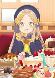 Rule 34 | 1girl, abigail williams (fate), black bow, black dress, black hat, blonde hair, blue eyes, blush, bow, burger, cherry, chocolate, closed mouth, dress, eating, fate/grand order, fate (series), food, forehead, fruit, hair bow, hat, highres, ice cream, long hair, long sleeves, looking at viewer, minazuki no hanayome, multiple hair bows, orange bow, pancake, parted bangs, plate, polka dot, polka dot bow, ribbed dress, sitting, sleeves past fingers, sleeves past wrists, smile, solo, strawberry, sundae, symbol-shaped pupils, very long hair