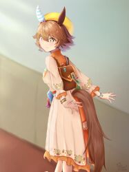 Rule 34 | + +, 1girl, absurdres, animal ears, artist name, backpack, bag, brown bag, brown hair, charm (object), closed mouth, clothing cutout, commentary request, dress, ear covers, ear ornament, flipped hair, frilled dress, frills, hair between eyes, highres, horse ears, kumakotoy, long sleeves, looking at viewer, looking back, matikanefukukitaru (good omen first storm) (umamusume), matikanefukukitaru (umamusume), official alternate costume, orange dress, orange headwear, outdoors, signature, single ear cover, smile, solo, tail, tail through clothes, umamusume, yellow eyes