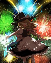 Rule 34 | 1girl, :d, apron, backlighting, black dress, blonde hair, bow, braid, commentary request, cowboy shot, dress, fireworks, floating hair, frilled apron, frilled dress, frilled sleeves, frills, hair bow, hat, hat bow, highres, kerok (joniko1110), kirisame marisa, looking at viewer, medium hair, night, open mouth, outstretched arms, outstretched hand, petticoat, red bow, sash, sidelocks, single braid, smile, solo, spread arms, star (symbol), touhou, waist apron, white bow, white legwear, witch hat, yellow eyes
