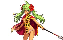 Rule 34 | 1girl, blush, bracelet, choker, convenient censoring, cowboy shot, earrings, eiyuu senki, flower, green eyes, green hair, hair flower, hair ornament, holding, holding spear, holding weapon, jewelry, kamehameha (eiyuu senki), long hair, looking at viewer, no bra, ooyari ashito, open mouth, polearm, revealing clothes, smile, solo, spear, transparent background, twintails, weapon