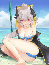 Rule 34 | 100, 100percent park, 1girl, absurdres, ass, beach, bikini, blue bikini, blush, bow, breasts, cleavage, commentary request, day, detached collar, dragon girl, dragon horns, eyes visible through hair, fate/grand order, fate (series), frilled bikini, frills, grey hair, hair bow, heart, heart-shaped pupils, highres, horns, kiyohime (fate), kiyohime (fate/grand order), kiyohime (swimsuit lancer) (fate), kiyohime (swimsuit lancer) (third ascension) (fate), looking at viewer, medium breasts, ocean, open mouth, outdoors, red eyes, ribbon, see-through, sitting, solo, swimsuit, symbol-shaped pupils, thighs, yellow bikini, yellow ribbon