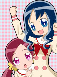 Rule 34 | 2girls, arm up, blue background, blue eyes, blue hair, blush stickers, bow, bowtie, buttons, clenched hands, collared dress, cowboy shot, dress, eyelashes, fist pump, flower, gakusenya, hair flower, hair ornament, hanasaki tsubomi, hand on own chest, heartcatch precure!, highres, kurumi erika, long hair, long sleeves, looking ahead, looking at another, looking up, low twintails, multiple girls, myoudou gakuen middle school uniform, open mouth, pink eyes, pink hair, plaid, plaid background, precure, red background, red bow, red bowtie, sailor collar, school uniform, simple background, smile, twintails, two-tone background, upper body, wavy hair, white sailor collar, yellow dress, yellow flower, yellow sleeves