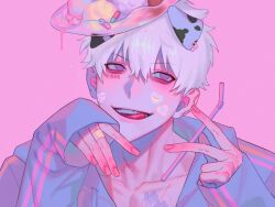 Rule 34 | 1boy, 666, animal ears, bandaid, bandaid on hand, blue shirt, chest tattoo, collared shirt, cow ears, drinking straw, facepaint, fake animal ears, gyuing666, hat, highres, holding, holding drinking straw, male focus, original, pink background, pink eyes, shirt, short hair, simple background, smile, solo, tattoo, tongue, tongue out, white hair
