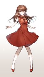 Rule 34 | 1girl, brown eyes, brown hair, chiicoo, dress, floating hair, full body, gradient background, hair between eyes, high heels, highres, long hair, original, outstretched arms, parted lips, pumps, red dress, red footwear, sleeveless, sleeveless dress, solo, standing