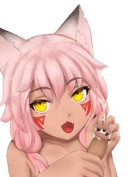 Rule 34 | 1boy, 1girl, :3, animal ears, burnhum666, cum, cum on body, cum on upper body, facial tattoo, fangs, guardian tales, handjob, hetero, highres, ice witch lupina, looking at viewer, nail polish, open mouth, penis, pink hair, pov, simple background, solo focus, tattoo, tribal tattoo, two-handed handjob, uncensored, upper body, white background, wolf ears, wolf girl, yellow eyes