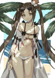 Rule 34 | 1girl, animal hair ornament, arm behind back, bikini, border, breasts, brown eyes, brown hair, cleavage, closed mouth, collarbone, contrapposto, dappled sunlight, eyewear on head, fate/grand order, fate (series), floating hair, gluteal fold, groin, highres, long hair, looking at viewer, medium breasts, micro bikini, navel, oshage (osyage921), palm tree, side-tie bikini bottom, solo, standing, sunglasses, sunlight, swimsuit, thigh gap, tree, very long hair, white bikini, white border, yu mei-ren (fate), yu mei-ren (swimsuit lancer) (fate)