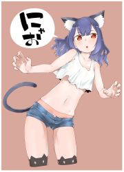 Rule 34 | 1girl, akitsuki itsuki, animal ear fluff, animal ear legwear, animal ears, black legwear, blue shorts, border, bright pupils, brown background, cat ear legwear, cat ears, cat tail, closed mouth, cropped legs, cropped shirt, fingernails, highres, idolmaster, idolmaster shiny colors, long hair, looking at viewer, morino rinze, navel, panties, parted lips, pink panties, purple hair, red eyes, shirt, short shorts, shorts, simple background, solo, tail, underwear, white border, white pupils, white shirt