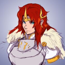 Rule 34 | 1girl, armor, blue eyes, boudica (fate), boudica (third ascension) (fate), breastplate, circlet, cloak, close-up, collar, commentary, cropped torso, crown, earrings, english commentary, fate/grand order, fate (series), fur-trimmed cloak, fur cloak, fur trim, gem, giltori, gorget, grey background, jewelry, long hair, looking at viewer, messy hair, portrait, red gemstone, red hair, redesign, sketch, solo, upper body, white collar, yellow trim