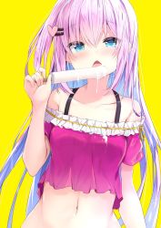 Rule 34 | 1girl, bare shoulders, blue eyes, blue hair, breasts, collarbone, commentary request, crop top, food, hair between eyes, hair ornament, hairclip, heart, heart hair ornament, highres, holding, holding food, ice cream, kouda suzu, licking, looking at viewer, multicolored hair, navel, off-shoulder shirt, off shoulder, open mouth, original, pink hair, purple shirt, shirt, short sleeves, simple background, small breasts, solo, tongue, tongue out, two-tone hair, upper body, yellow background