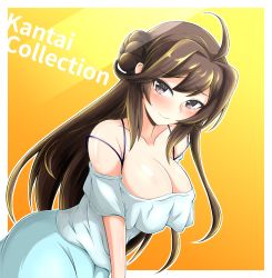 Rule 34 | 1girl, ahoge, blue skirt, blush, border, breasts, brown hair, casual, cleavage, collarbone, commentary request, copyright name, double bun, dutch angle, hair bun, highres, huge breasts, kantai collection, kongou (kancolle), kumanosita, long hair, looking at viewer, orange background, purple eyes, shirt, skirt, smile, solo, white border, white shirt