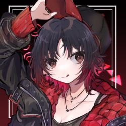 Rule 34 | 1girl, baseball cap, black background, black camisole, black hair, black jacket, breasts, brown eyes, camisole, cleavage, earrings, gradient hair, hat, highres, holding, holding clothes, holding hat, iris black games, jacket, jewelry, kisaragi ren (vtuber), licking lips, multicolored hair, necklace, parore, red hair, short hair, smile, solo, tongue, tongue out, virtual youtuber, vspo!