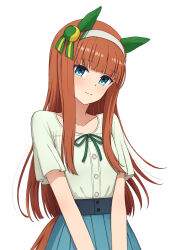 Rule 34 | 1girl, alternate costume, animal ears, blouse, blue eyes, blue skirt, blush, breasts, closed mouth, commentary, ear covers, green ribbon, green shirt, hairband, highres, hime cut, horse ears, horse girl, horse tail, long hair, looking at viewer, orange hair, pleated skirt, ribbon, shirt, short sleeves, sidelocks, silence suzuka (umamusume), simple background, skirt, small breasts, smile, solo, tail, umamusume, upper body, white background, white hairband, yahiro (epicopeiidae)