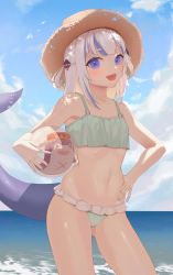 Rule 34 | 1girl, absurdres, bikini, bloop (gawr gura), blue eyes, blue hair, cjc, cloud, dice hair ornament, fins, fish tail, frilled bikini, frilled swimsuit, frills, gawr gura, green bikini, hair ornament, hat, highres, hololive, hololive english, multicolored hair, ocean, outdoors, shark girl, shark tail, solo, streaked hair, sun hat, swimsuit, tail, thighs, virtual youtuber