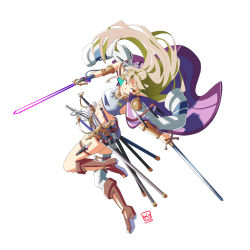 Rule 34 | 1girl, alternate costume, automatic giraffe, blonde hair, commentary, crop top, dated, dual wielding, dynamic pose, energy sword, english commentary, floating, floating clothes, floating hair, holding, holding sword, holding weapon, jacket, jacket on shoulders, long hair, long pointy ears, looking back, midriff, navel, nintendo, pointy ears, princess zelda, red eyes, sheath, sheathed, single thighhigh, solo, sword, the legend of zelda, the legend of zelda: a link between worlds, thighhighs, weapon