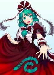 Rule 34 | 1girl, :d, blush, bow, commentary, cowboy shot, dress, foreshortening, frilled dress, frilled ribbon, frilled sleeves, frills, gradient background, green eyes, green hair, hair bow, happy, highres, kageharu, kagiyama hina, long dress, looking at viewer, open mouth, outstretched hand, puffy short sleeves, puffy sleeves, red bow, red dress, red ribbon, ribbon, short sleeves, simple background, smile, solo, standing, teeth, touhou, upper teeth only