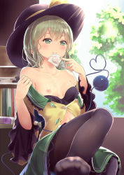 Rule 34 | 1girl, bandeau, bare shoulders, black bra, black hat, black pantyhose, blush, book, bra, collarbone, commentary request, condom, culter, feet out of frame, finger to own chin, frilled sleeves, frills, green eyes, green hair, green skirt, hands up, hat, hat ribbon, heart, heart of string, highres, indoors, komeiji koishi, long sleeves, miniskirt, mouth hold, nipples, no shoes, off shoulder, pantyhose, petticoat, ribbon, shirt, short hair, sitting, skirt, smile, solo, strap slip, thighs, third eye, touhou, underwear, wide sleeves, window, yellow ribbon, yellow shirt
