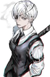 Rule 34 | 1girl, absurdres, black necktie, chainsaw man, cigarette, formal, highres, katana, long hair, looking at viewer, necktie, quanxi (chainsaw man), simple background, smoke, smoking, solo, suit, sword, weapon, white background, white hair