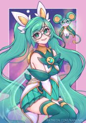 Rule 34 | 1girl, animal, artist name, bare shoulders, black-framed eyewear, bow, bowtie, breasts, feet out of frame, gem, glasses, green bow, green bowtie, green eyes, green hair, green skirt, green thighhighs, highres, large breasts, league of legends, long hair, looking at viewer, mouse (animal), nanumn, official alternate costume, round eyewear, sitting, skirt, smile, solo, sona (league of legends), star (symbol), star guardian sona, starry background, teeth, thighhighs, twintails, watermark, web address