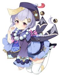 Rule 34 | 1girl, bead necklace, beads, bell sleeves, black footwear, braid, braided ponytail, coin hair ornament, commentary request, dorok, floating hair, genshin impact, hair ornament, hand up, hat, highres, jewelry, jiangshi, legs up, looking at viewer, necklace, ofuda, ofuda on clothes, pink eyes, pom pom (clothes), purple hair, purple hat, qingdai guanmao, qiqi (genshin impact), simple background, single braid, sleeves past wrists, solo, talisman, tassel, thighhighs, vision (genshin impact), white background, white thighhighs, yin yang