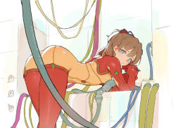 Rule 34 | 1girl, alternate hair color, ass, bent over, blue eyes, bodysuit, breasts, brown hair, butt crack, cable, convenient censoring, cowboy shot, from behind, from side, hair between eyes, hair ornament, highres, interface headset, long hair, looking at viewer, looking back, multicolored clothes, neon genesis evangelion, parted bangs, plugsuit, red bodysuit, see-through, see-through bodysuit, shiny clothes, short hair, sketch, skin tight, small breasts, solo, souryuu asuka langley, test plugsuit, thighs, timbougami, very long hair, wide hips