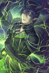 Rule 34 | 1boy, black gloves, black hair, gloves, green eyes, hagino kouta, hair between eyes, hat, highres, horns, jacket, long hair, looking at viewer, male focus, malleus draconia, open mouth, pointy ears, smile, solo, twisted wonderland