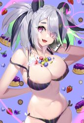 Rule 34 | 1girl, :d, animal ears, areola slip, arknights, arms behind back, bare shoulders, black bra, black hair, black panties, black ribbon, blush, bra, breasts, candy, cleavage, collarbone, commentary request, cowboy shot, eyes visible through hair, fang, feater (arknights), food, fruit, green hair, hair over one eye, heart, highres, large breasts, lollipop, long hair, looking at viewer, multicolored hair, multicolored stripes, navel, open mouth, panties, pudding, purple eyes, ribbon, side-tie panties, silver hair, skin fang, skindentation, smile, solo, stomach, strap slip, strawberry, striped bra, striped clothes, striped panties, thick eyebrows, twintails, underwear, underwear only, vertical-striped bra, vertical-striped clothes, vertical-striped panties, yamijam