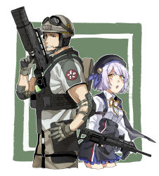 Rule 34 | 1boy, 1girl, absurdres, back-to-back, beret, breasts, bullpup, character request, frilled shirt, frilled skirt, frills, gas-seal revolver, girls&#039; frontline, gloves, gun, hat, highres, integral suppressor, integrally-suppressed firearm, medium breasts, modular weapon system, polygonal suppressor, quick-change barrel system, rainbow six siege, revolver shotgun, salvo 12, sanso (kasyawamoti), semi-automatic firearm, semi-automatic shotgun, shirt, short hair, shotgun, silver hair, six12, six12 (girls&#039; frontline), skirt, stand-alone configuration, suppressor, transforming weapon, weapon, yellow eyes