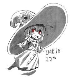 Rule 34 | 1girl, :d, blush, bright pupils, character request, copyright request, dated, dress, flower, greyscale, halloween, hat, hat flower, inktober, large hat, looking at viewer, monochrome, open mouth, ramenwarwok, red eyes, simple background, smile, spot color, sunflower, white background