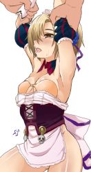 Rule 34 | 10s, 1girl, apron, arm grab, armpits, arms up, bags under eyes, bare shoulders, blonde hair, blush, bottomless, bra, breasts, brown bra, brown eyes, commentary request, corset, detached sleeves, flower, gloves, hair flower, hair ornament, hair over one eye, idolmaster, idolmaster cinderella girls, maid headdress, medium breasts, no panties, open mouth, puffy short sleeves, puffy sleeves, saliva, shift (waage), shirasaka koume, short hair, short sleeves, solo focus, strapless, strapless bra, sweat, tongue, tongue out, top pull, underwear, white gloves