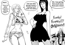 Rule 34 | 1koma, 2boys, 2girls, absurdres, antlers, arm at side, bb (baalbuddy), bikini, bikini top only, bikini under clothes, breasts, chain, cleavage, closed eyes, comic, cropped jacket, denim, dress, english text, fishnets, franky (one piece), furry, furry male, gloom (expression), greyscale, hana hana no mi, hand on own face, hand on own hip, hand up, hat, height difference, highres, horns, jacket, jeans, large breasts, long hair, looking at another, monochrome, multiple boys, multiple girls, muscular, muscular male, nami (one piece), navel, nico robin, one piece, open clothes, open jacket, open mouth, open shirt, pants, pectorals, short dress, short hair, smile, standing, stomach, sunglasses, swimsuit, tony tony chopper, underboob