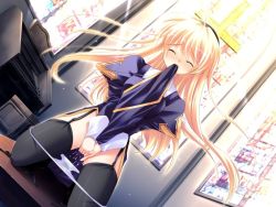 Rule 34 | 1girl, black thighhighs, blonde hair, blush, church, cosplay, cross, closed eyes, female ejaculation, female masturbation, game cg, garter belt, instrument, kneeling, long hair, masturbation, mikeou, miraroma, mouth hold, organ (instrument), panties, panty pull, priest, priest (ragnarok online), pussy juice, pussy juice trail, ragnarok online, seihouin erika, solo, stained glass, sunlight, table, thighhighs, underwear, wet, wet clothes, wet panties, white panties