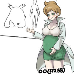 Rule 34 | 1girl, aurea juniper, blush, breasts, cleavage, coat, commentary, creatures (company), darmanitan, earrings, eyelashes, game freak, gen 5 pokemon, gigobyte350, green eyes, green skirt, hand on own stomach, hand up, high-waist skirt, implied bestiality, jewelry, long sleeves, nintendo, open clothes, open coat, parted bangs, parted lips, pokemon, pokemon bw, pregnant, shirt, skirt, smile, solo