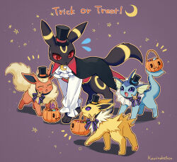 artist_name ascot black_hat bow bowtie clothed_pokemon collar creatures_(company) crescent_brooch flareon flareon_(halloween) flying_sweatdrops game_freak gen_1_pokemon gen_2_pokemon halloween halloween_bucket halloween_costume hat highres holding holding_with_tail jolteon jolteon_(halloween) kaminokefusa mini_hat mini_top_hat mouth_hold nintendo no_humans outline paw_up pokemon pokemon_(creature) pokemon_cafe_remix prehensile_tail pumpkin purple_background red_collar tail top_hat trick_or_treat umbreon umbreon_(halloween) vampire_costume vaporeon vaporeon_(halloween) white_ascot white_outline