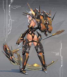 Rule 34 | 1girl, ass, black gloves, breasts, commentary, english commentary, fingerless gloves, from behind, full body, gloves, grey background, highres, holding, holding weapon, looking at viewer, looking back, mecha, mecha musume, mixed-language commentary, original, pinakes, red eyes, robot, short hair, small breasts, solo, weapon, white hair