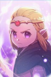 Rule 34 | 1girl, artist name, black cloak, blonde hair, circlet, cloak, dress, film grain, highres, looking at viewer, magic, mory01, nintendo, pointy ears, princess zelda, purple dress, purple eyes, solo, staff, the legend of zelda, the legend of zelda: echoes of wisdom, upper body