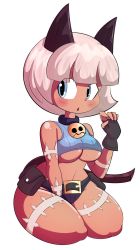 Rule 34 | 1girl, amputee, animal ears, aqua eyes, artist request, bare shoulders, belt, between legs, black background, blonde hair, blue eyes, breasts, cameltoe, cat ears, cat tail, choker, crop top, dark skin, dark-skinned female, female focus, fingerless gloves, gloves, hand between legs, highres, lab zero games, looking to the side, midriff, ms. fortune (skullgirls), navel, pouch, scar, short hair, simple background, sitting, skullgirls, sleeveless, solo, tail, tan, thick thighs, thighs, tongue, tongue out, underboob