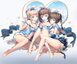 Rule 34 | 3girls, anmi, bare legs, bare shoulders, barefoot, blue eyes, blue shirt, bow, bra, breasts, brown eyes, brown hair, candy, center opening, cleavage, crop top, detached sleeves, fishnet legwear, fishnets, food, girl sandwich, hair bow, hand up, high heels, highres, holding, holding candy, holding food, holding lollipop, lollipop, long hair, looking at viewer, medium breasts, midriff, multiple girls, navel, open mouth, original, plantar flexion, ponytail, purple eyes, rabbit tail, reclining, sandwiched, shirt, short shorts, shorts, smile, socks, strap slip, strapless, striped clothes, striped legwear, striped socks, tail, thighhighs, underwear