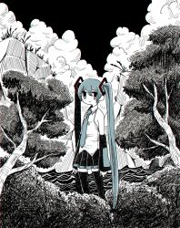 Rule 34 | 1girl, absurdres, aqua eyes, aqua hair, aqua nails, aqua necktie, arms at sides, bare shoulders, black sky, bush, chromatic aberration, cliff, closed mouth, cloud, cloudy sky, commentary, detached sleeves, dokumitsu akaringo, expressionless, greyscale, hair ornament, hatsune miku, highres, long hair, looking at viewer, monochrome, nature, necktie, ocean, outdoors, pleated skirt, shirt, skirt, sky, sleeveless, sleeveless shirt, solo, thighhighs, tree, very long hair, vocaloid, waves
