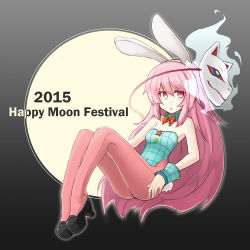 Rule 34 | 10s, 1girl, 2015, adapted costume, alternate costume, animal ears, ass, bad id, bad pixiv id, bare shoulders, black background, bow, english text, expressionless, fake animal ears, fox mask, full moon, gradient background, gradient hair, grey background, hata no kokoro, highres, leotard, long hair, looking to the side, mask, moon, mou tama maru, multicolored hair, pantyhose, parted lips, pink eyes, pink hair, platform footwear, platform heels, playboy bunny, purple hair, rabbit ears, solo, thighs, touhou, very long hair, wrist cuffs