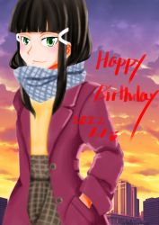 Rule 34 | 1girl, aqua eyes, artist name, artist request, black hair, black skirt, blue sky, blunt bangs, breasts, building, buttons, cardigan, checkered clothes, checkered skirt, city, close-up, cloud, day, female focus, green eyes, grey scarf, hair ornament, hairclip, half-closed eyes, hand in pocket, highres, hime cut, jacket, kurosawa dia, long hair, looking at viewer, love live!, love live! sunshine!!, miniskirt, mole, mole under mouth, outdoors, plaid, plaid skirt, pleated, pleated skirt, pocket, purple cardigan, purple jacket, scarf, shirt, skirt, sky, small breasts, solo, sunset, yellow shirt