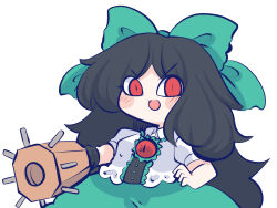 Rule 34 | 1girl, :d, arm cannon, black hair, blouse, blush, bow, buttons, center frills, chahan (fried rice0614), collared shirt, commentary, control rod, cowboy shot, frilled shirt collar, frills, green bow, green skirt, hair bow, hand on own hip, long hair, looking at viewer, no wings, open mouth, outstretched arm, puffy short sleeves, puffy sleeves, red eyes, reiuji utsuho, shirt, short sleeves, simple background, skirt, smile, solo, touhou, weapon, white background, white shirt