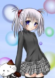 Rule 34 | 00s, 1girl, blue eyes, cat, long hair, pointy ears, primula, shuffle!, silver hair, solo, stuffed animal, stuffed cat, stuffed toy, sweater, t (dyuhuhudyukusi), thighhighs, twintails