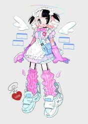 Rule 34 | 1girl, apron, arms at sides, bag, black eyes, black hair, bow, bright pupils, commission, detached wings, dress, ear piercing, fangs, floating, frills, garter straps, gloves, grey background, highres, houndstooth, leg warmers, legs apart, maid apron, maid headdress, maymay pic, medium hair, mini wings, multicolored hair, open mouth, piercing, pink bow, pink gloves, puffy short sleeves, puffy sleeves, short sleeves, shoulder bag, simple background, skeb commission, solo, split-color hair, two side up, unmoving pattern, white apron, white footwear, white hair, white pupils, window (computing), wings
